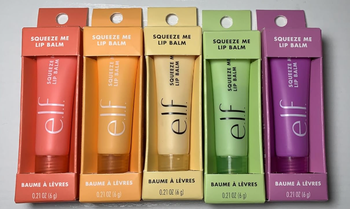 A collection of five vibrant lip balms from the reviewer