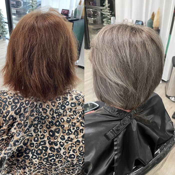 Before and after photos showing a reviewer's hair, damaged before treatment and visibly smoother afterward