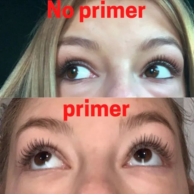 A reviewer showing their lashes with mascara alone, followed by a second image with primer and mascara, where their lashes appear noticeably fuller
