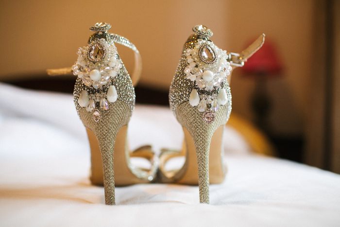 Elegant high heels adorned with delicate pearls and crystals, perfect for a wedding
