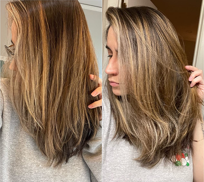 Reviewers' color-treated hair before and after using a conditioning treatment.