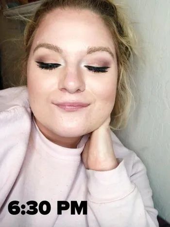 The same reviewer with their eyeshadow still intact at 6:30 PM.