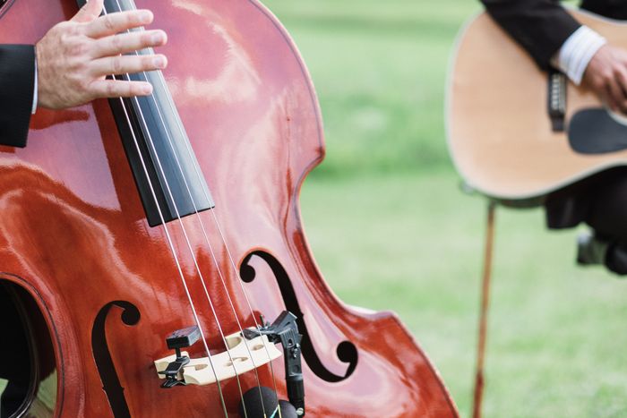 Musicians playing a cello and guitar outdoors, likely part of a wedding celebration
