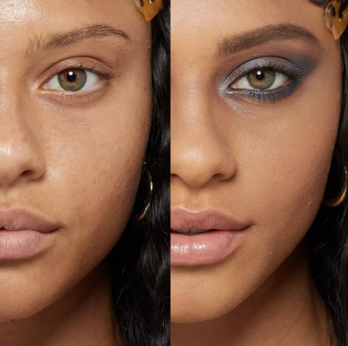 Model showing before-and-after results of using Nyx Matte Finish Face Setting Spray