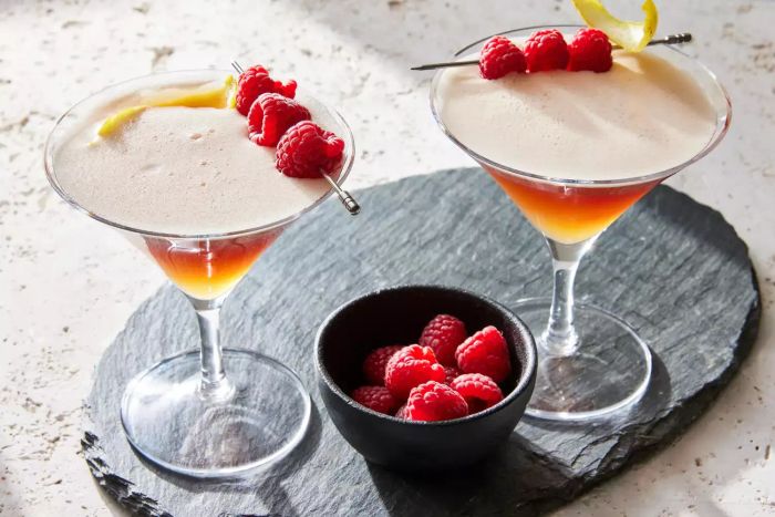 Chambord martinis displayed elegantly on a stone tray