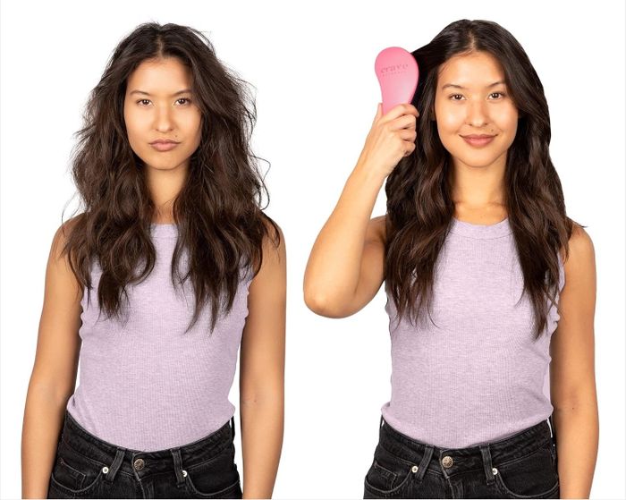 Model showing their hair before and after brushing