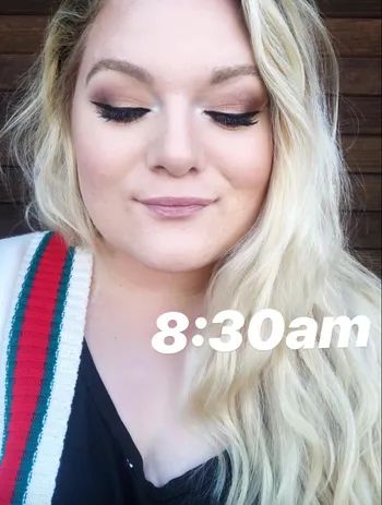 The reviewer showcasing their eyeshadow at 8:30 AM.