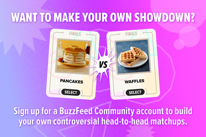 Mytour image: Displays the ultimate showdown between pancakes and waffles. The message encourages users to sign up for a Mytour Community account to create their own matchups.