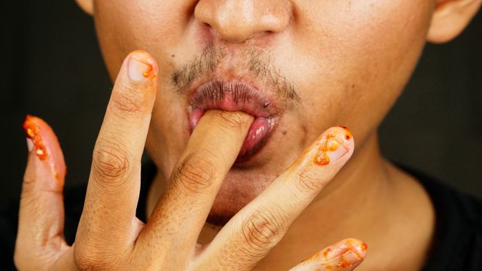 A person licking sauce from their fingers, with their lips closed around their index finger.