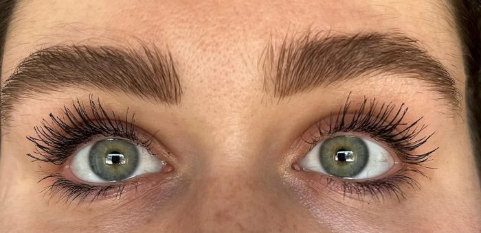 A reviewer's lashes after applying the mascara
