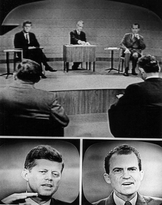 John F. Kennedy and Richard Nixon at a televised debate, with moderators. Two inset images show close-ups of Kennedy speaking and Nixon listening.