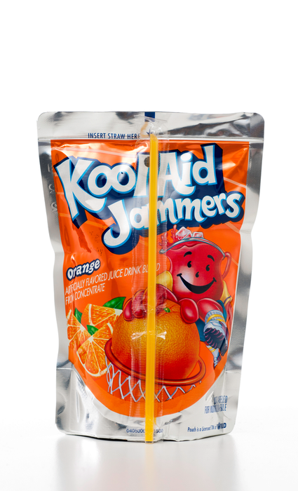 Miami, USA - August 6, 2011: Kool-Aid Jammers with an orange flavor. Kool-Aid is a well-known brand under Kraft Foods offering flavored drink mixes.