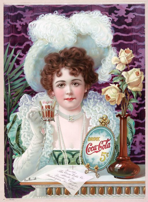 A vintage Coca-Cola ad showcasing a woman in Victorian clothing holding a small glass of Coca-Cola next to a sign that reads 'Drink Coca-Cola 5¢.'