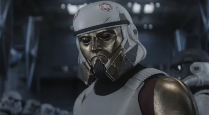 Wes, clad in futuristic armor and a metallic helmet, stands surrounded by stormtroopers, set against a sci-fi backdrop.