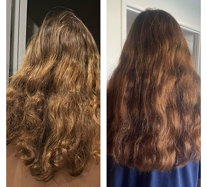 A reviewer's hair before and after the application of Wonder Water