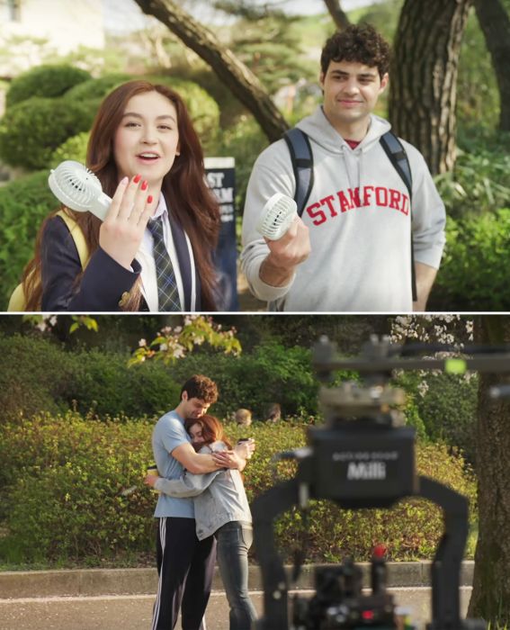 Noah Centineo and Anna Cathcart sharing a heartfelt hug while filming a scene for 