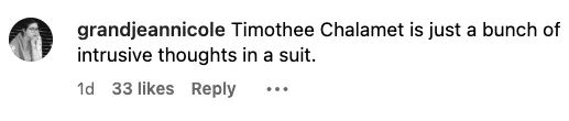 Comment says: "Timothée Chalamet is just a bunch of intrusive thoughts in a suit."