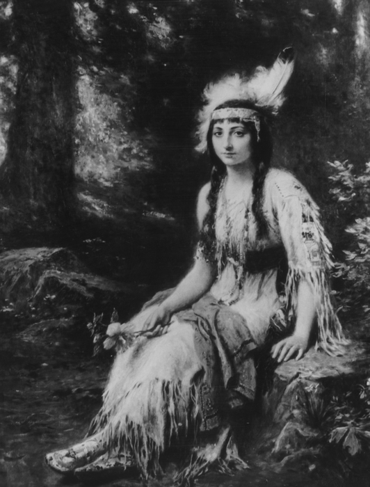 A 19th-century drawing showcasing a woman in traditional Native American dress, complete with a feathered headdress, seated in a serene natural environment