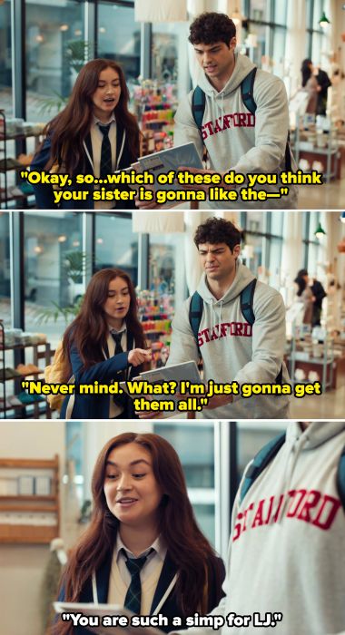 Peter asking Kitty which notebook he should pick for Lara Jean, before deciding to buy every single one.