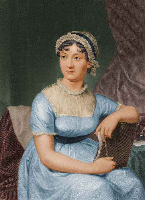 A classic portrait of a woman in a blue dress and bonnet, holding a book, seated with a calm expression