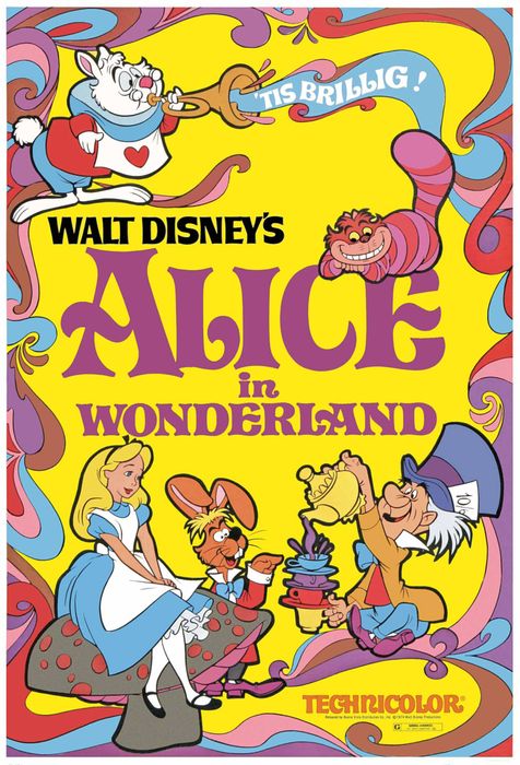A vintage *Alice in Wonderland* movie poster showcasing animated characters Alice, the White Rabbit, the Cheshire Cat, the Mad Hatter, and the March Hare.