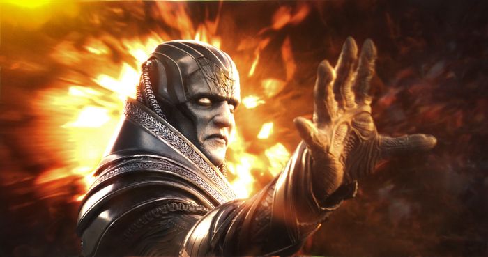 Oscar, clad in futuristic armor, raises his hand against a backdrop of dramatic flames.