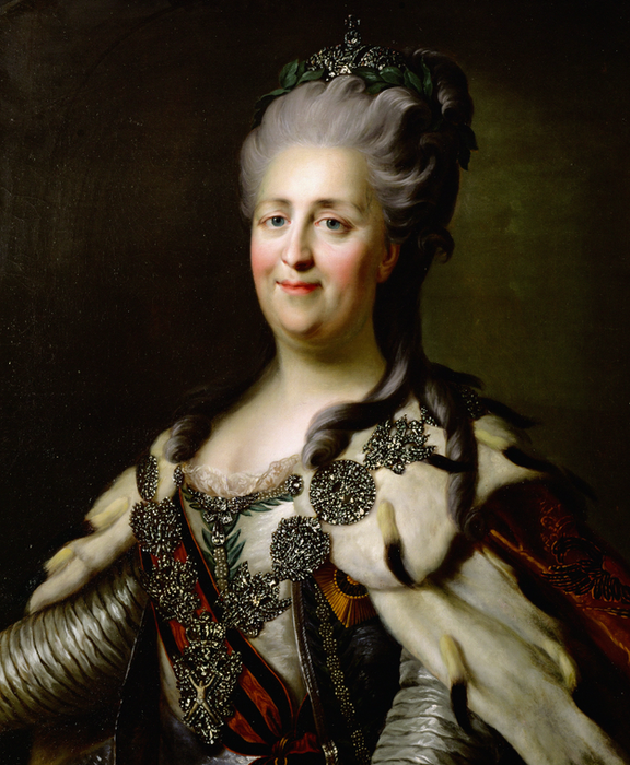 A portrait from the 18th century depicting a royal figure dressed in luxurious, ornate clothing with fur accents and jeweled embellishments, evoking a sense of historical grandeur