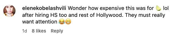 A comment questioning the cost and the attention-seeking nature of a Hollywood event, using emojis to convey sarcasm
