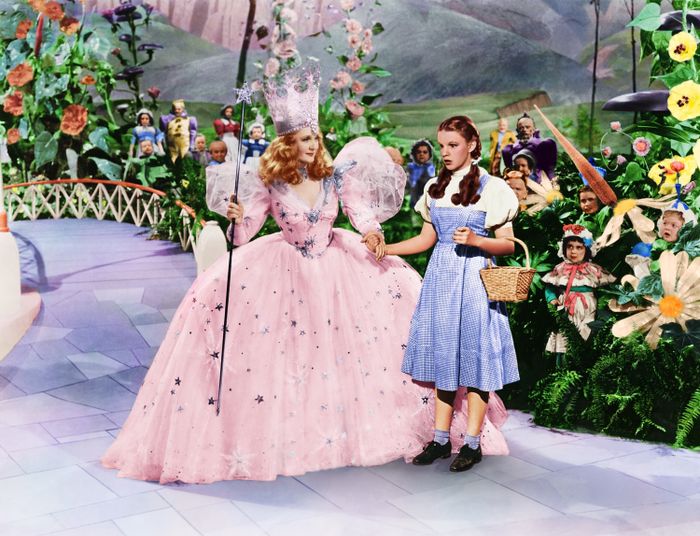 A magical scene depicts a woman in a shimmering gown holding a wand, while another, dressed in gingham and carrying a basket, stands amidst vibrant flowers and figures