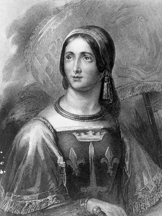 Engraving of a historical woman in medieval attire with a crown and fleur-de-lis emblem, gazing upward