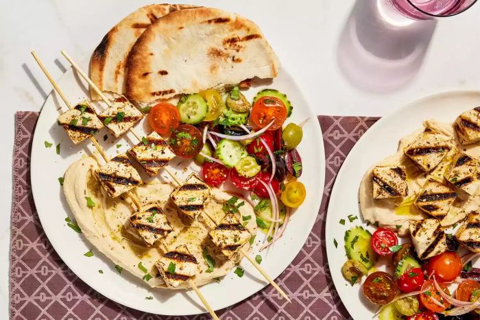 Za-atar Tofu Skewers with Tomato Salad & Hummus