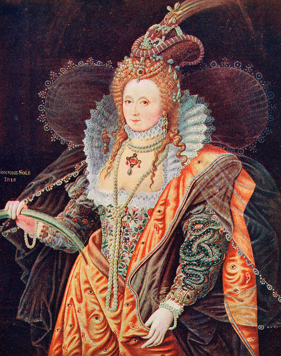 A classic painting of a queen dressed in elegant, intricately embroidered clothing with a ruffled collar, regal headpiece, and a fan in her hand