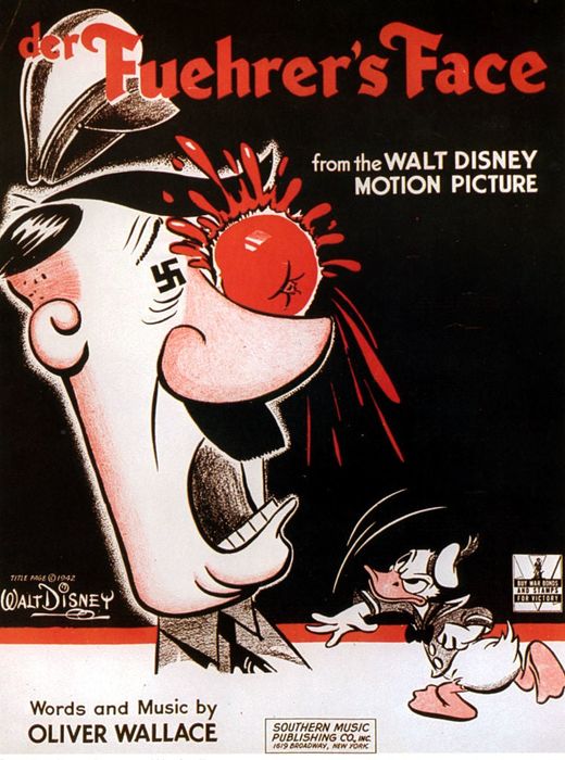 A cartoon image showing a soldier with a red nose, hit by a tomato, alongside Donald Duck, promoting the Disney film