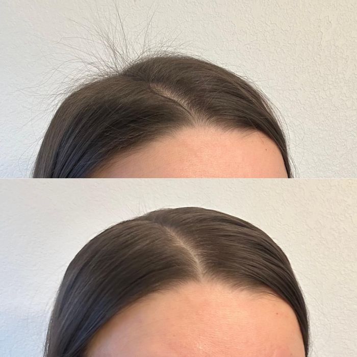 Reviewer’s hair before using the pomade hair wax stick, showing flyaways and unruly strands