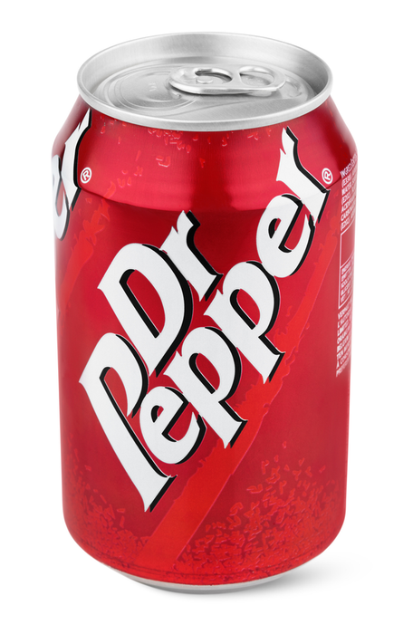Tula, Russia - January 21, 2013: Close-up view of a red aluminum Dr. Pepper can isolated against a white background, with a clipping path. Dr. Pepper is currently produced by the Dr. Pepper Snapple Group, Inc.