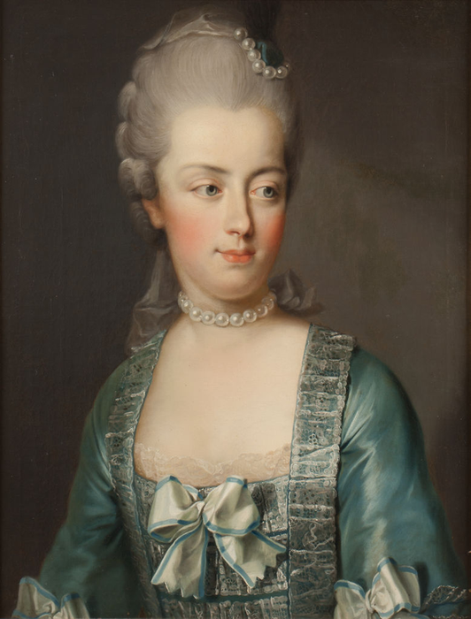 A portrait from the 18th century featuring a woman with an intricate hairstyle, a pearl necklace, and a gown adorned with lace and ribbons.