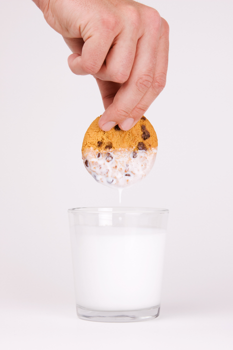 A hand dips a scrumptious chocolate chip cookie into a frosty glass of milk. White backdrop.