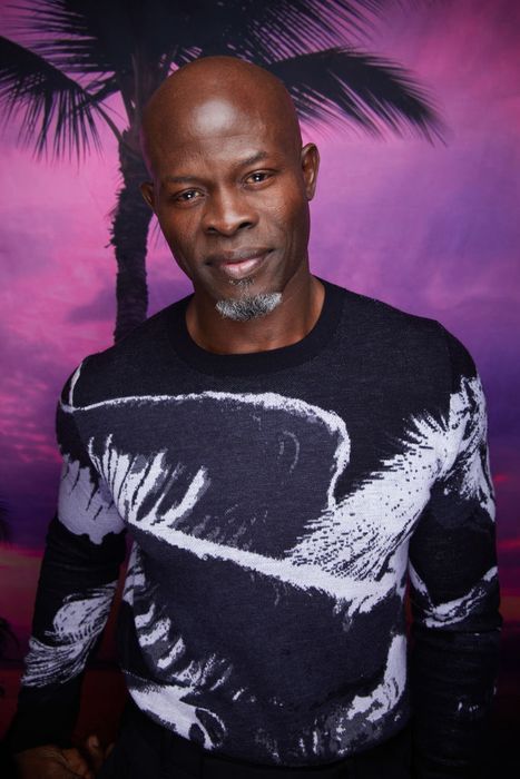 Djimon Hounsou, wearing a patterned sweater, poses in front of a vibrant tropical backdrop.