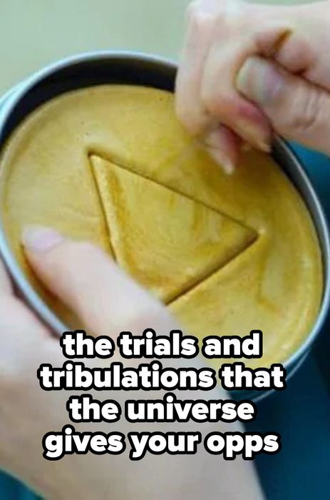 A person carefully cutting a triangle shape from honeycomb candy on the left; a hand gripping a mosquito coil on the right.