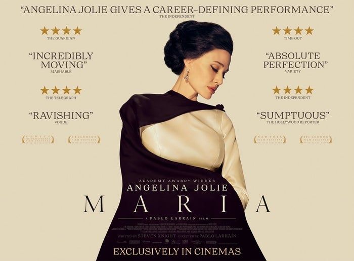 A movie poster for 'Maria,' showcasing Angelina Jolie in an exquisite gown, accompanied by words of admiration such as 