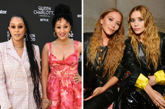 Two pairs of twin women at events. One pair is dressed in coordinated outfits on the red carpet, while the other pair sports casual but stylish clothing.