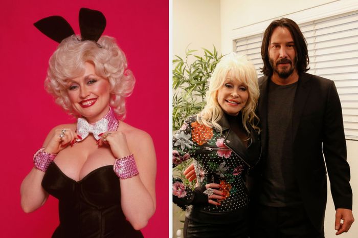 Two pictures: On the left, a person dressed in the classic Playboy bunny outfit. On the right, two individuals posing together—one wearing floral leather and the other in a suit.