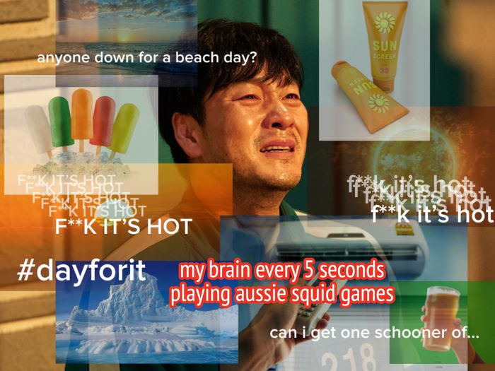 A collage featuring a person sweating, ice creams, sunscreen, a beach scene, snow, and text that says 
