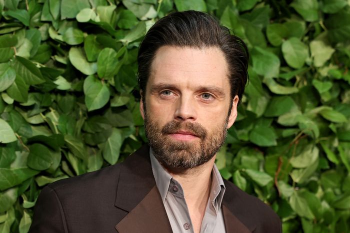 Sebastian Stan is dressed in a brown suit with a gray shirt, posing in front of a lush, leafy backdrop.