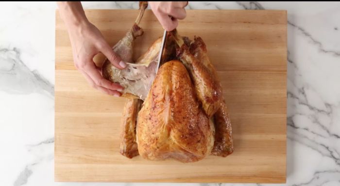 Hands cutting off a turkey leg using a knife