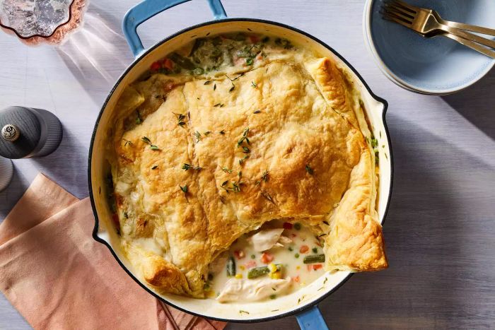 Simple chicken pot pie ready in a baking dish