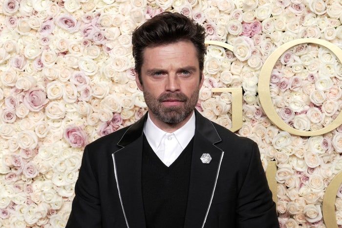 Sebastian Stan, dressed in a dark suit with trim, stands in front of a rose wall backdrop.