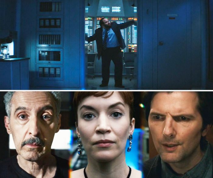 Split image: The top shows a person in a control room, while the bottom shows three people with serious expressions. This scene is likely from a TV show or film.