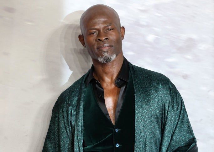 Djimon Hounsou at a red carpet event, dressed in a stylish dark velvet suit with a matching long robe.