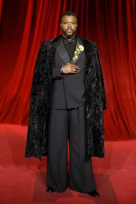 Winston commands attention on the red carpet, donning a tuxedo with a coordinating patterned cape and a floral brooch, gazing directly at the camera.